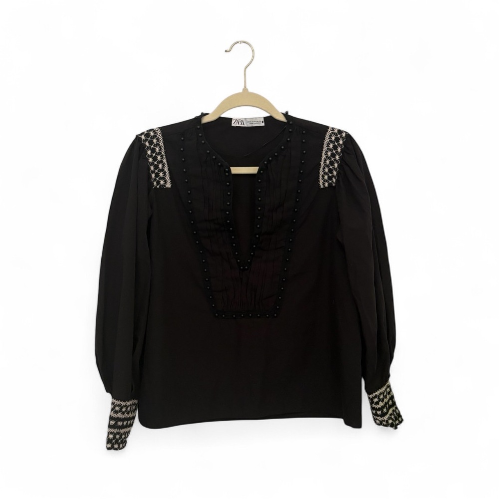 Zara Black Beaded Collar Long-Sleeve Women's Blouse